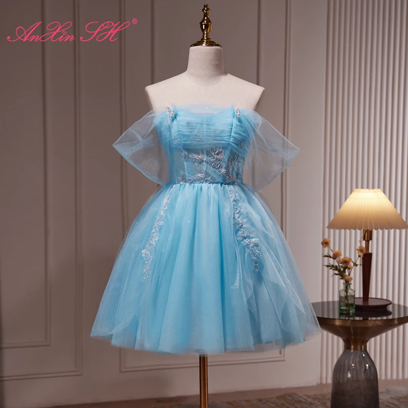 

AnXin SH princess sparkly sky blue flower lace boat neck beading crystal party customized evening dress little white dress