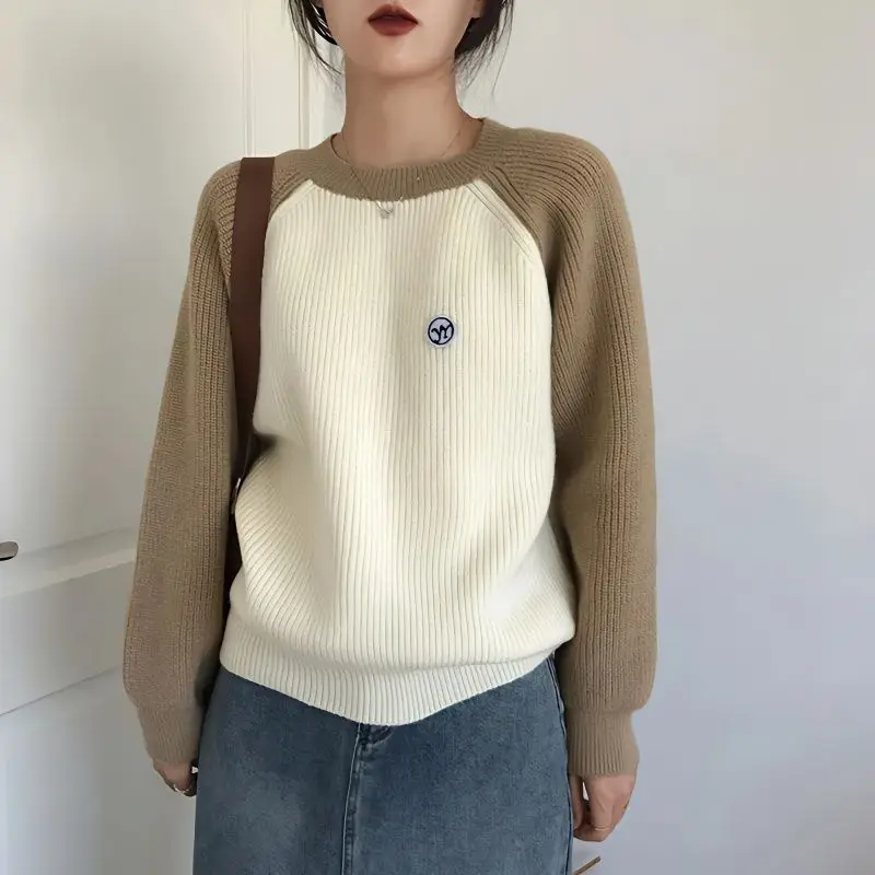 

Женский трикотажный свитер контрастных цветов, повседневный свободный базовый джемпер с длинным рукавом и круглым вырезом в Корейском стиле, Осень-зима