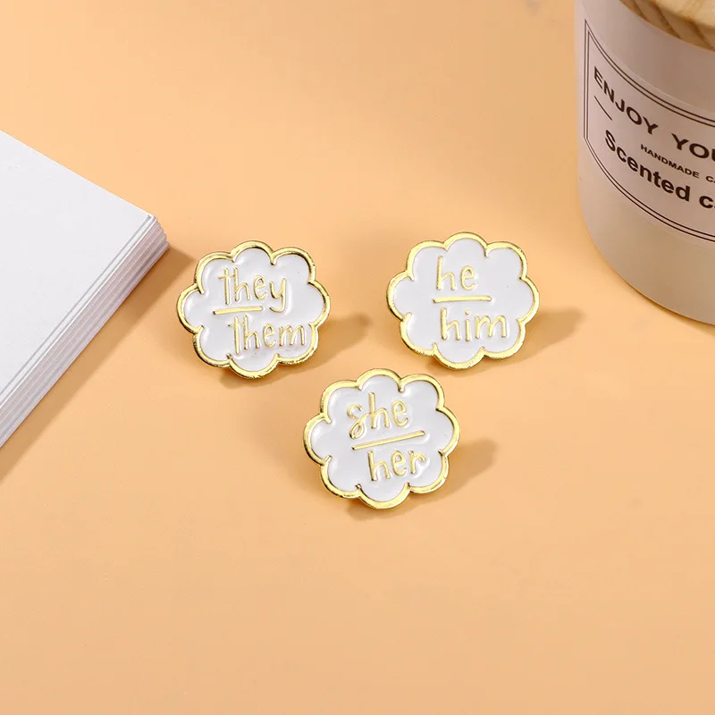 Gender Pronoun Enamel Lapel Pin Flower Shape He Him She Her They Them Text Metal Badge Daily Backpack Fashion Statement Ornament