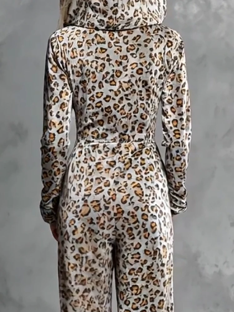 خريف شتاء جديد الذهبي المخملية ليوبارد طباعة بذلة موضة عالية الخصر جيب هوديس السروال القصير عادية فضفاض واسعة الساق بلايسوت