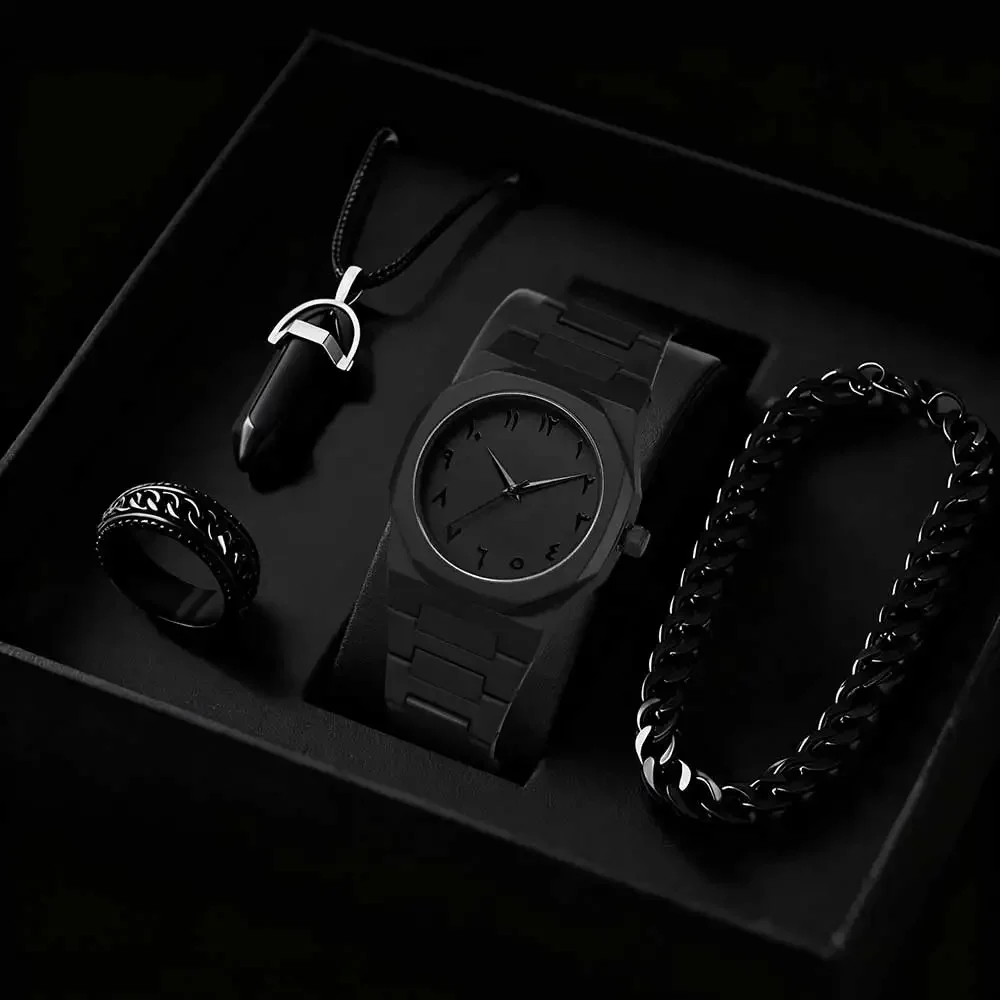 AAAMatte Black Octagonal Arabic Numerals Men's Watch Cuban Bracelet Bullet Pendant Ring Four Piece Set, Not Including Gift Box