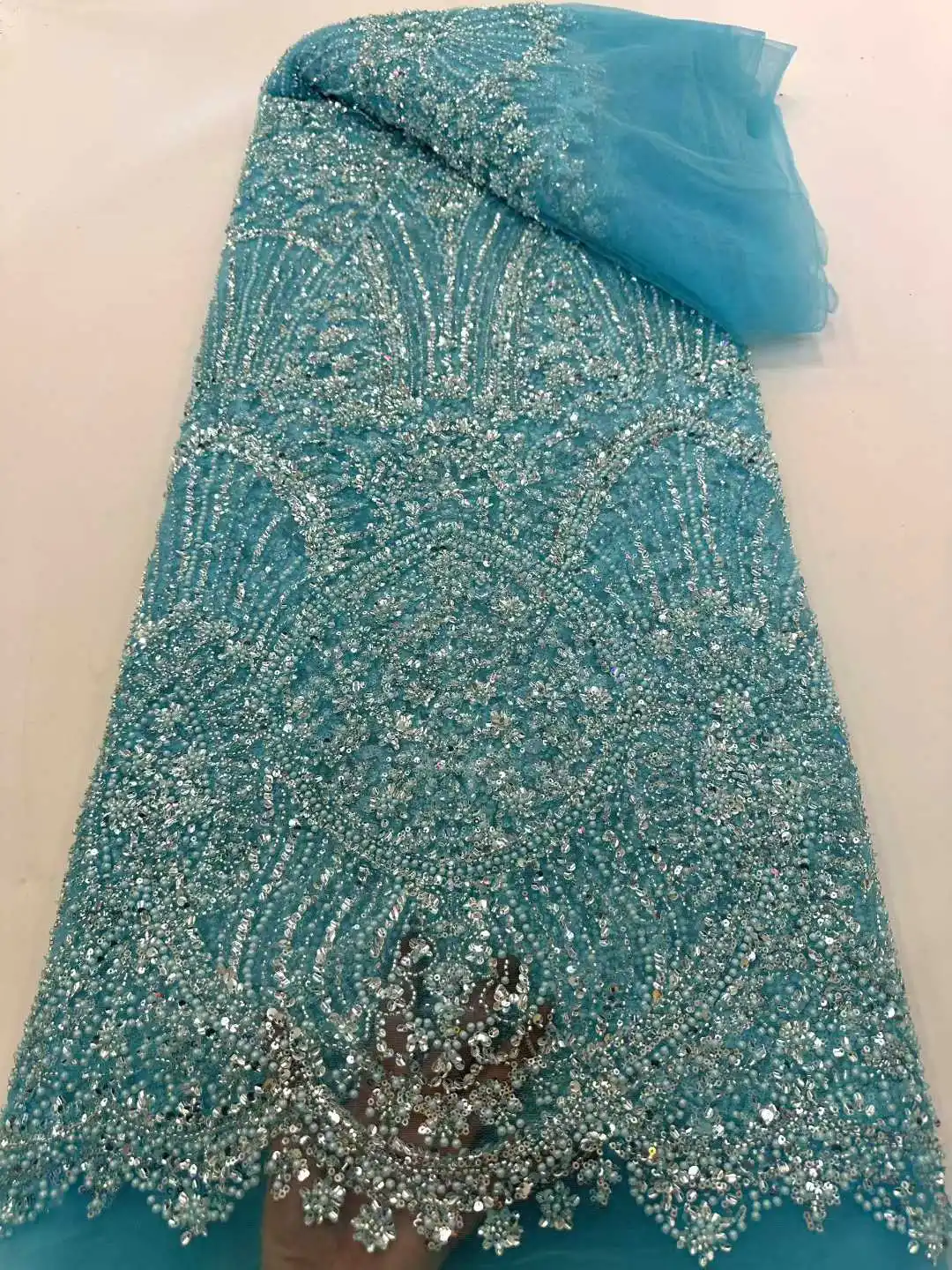 African Luxury Hand-Beaded Stone Lace Fabric 2026 High-Quality Nigerian Sequin Tulle Lace Fabric Wedding Dress 5 Yards 1898