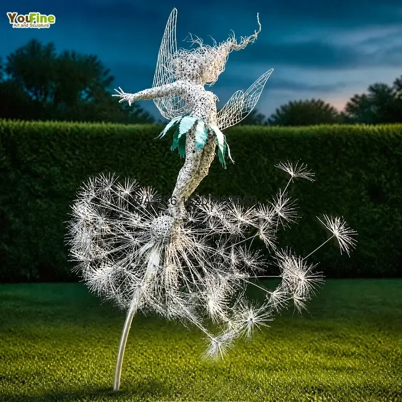 Wmwmnu Garden Art Twisted Stainless Steel Wire Fairy Sculpture Dancing on Dandelion Outdoor Lawn Yard Statue for Patio