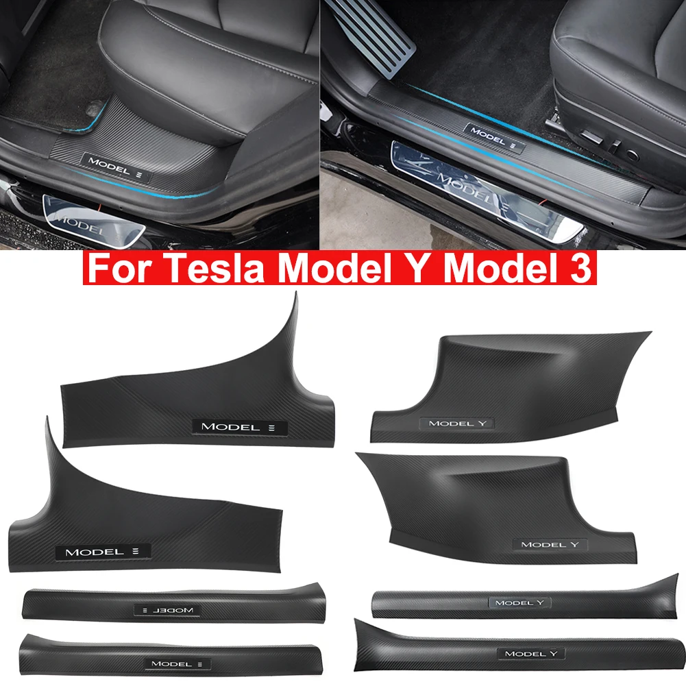 

4 Pcs Door Sill Protector For Tesla Model Y Model 3 2022 Carbon Fiber PU Door Sill Cover Front Rear Door Pedal Cover Model 3/Y