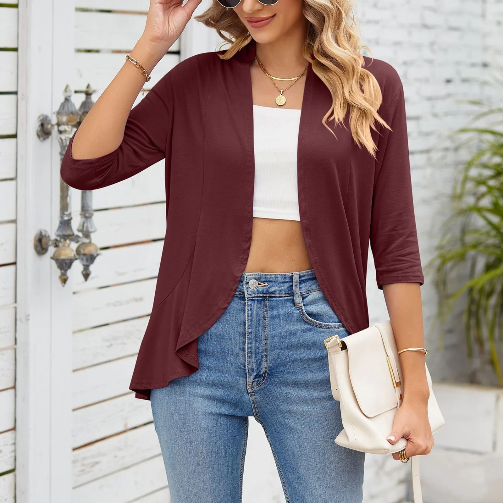 Tops Cardigan Frente Aberta para Mulheres, Bolero Shrugs, Cor Sólida Casual, Bainha Babados, Casaco Fino, Streetwear