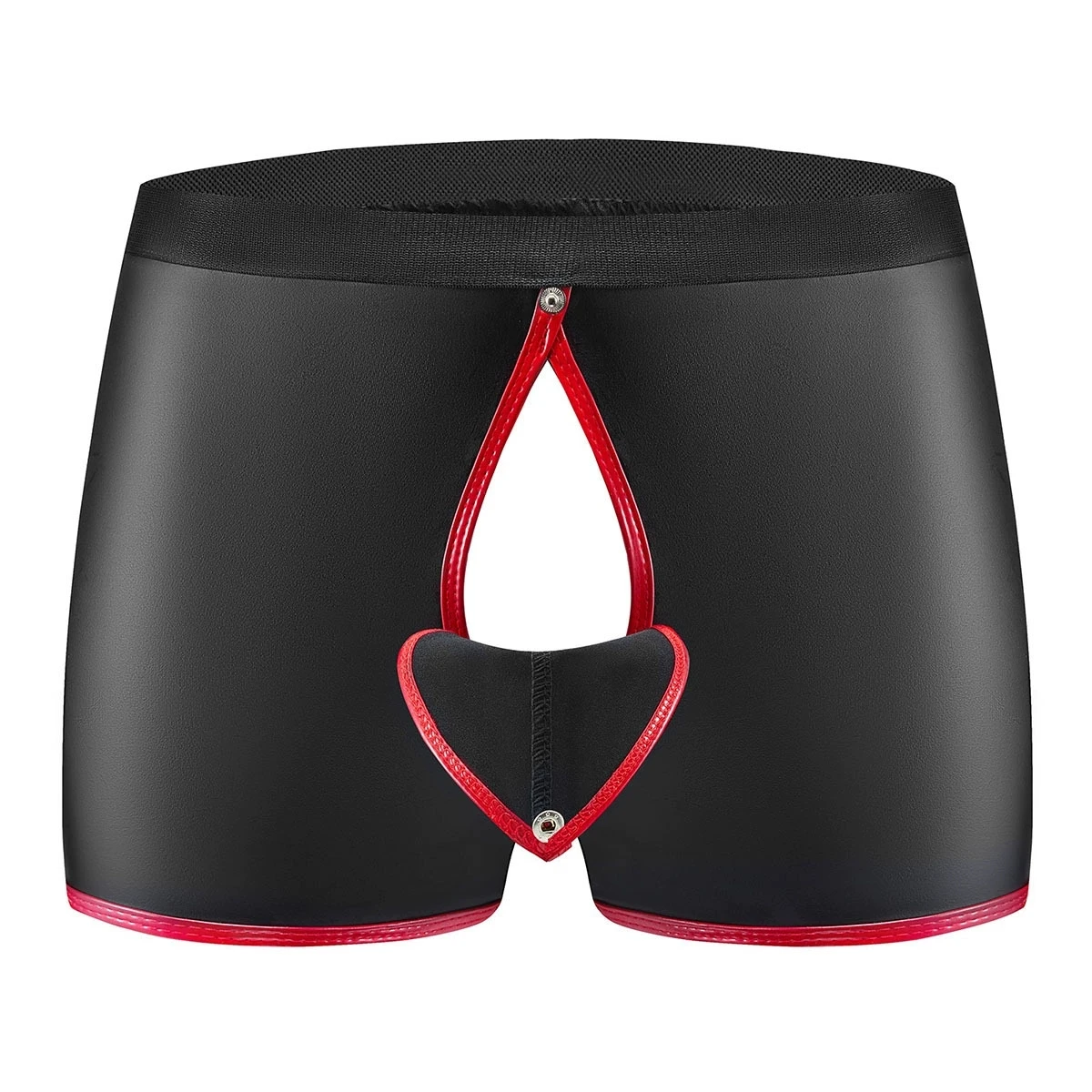 Men Faux PU Leather Boxer Shorts Removable Snap‑On Pouch Underwear Elastic Waist Contrast Red Trim Nightclub Party Male Trunks