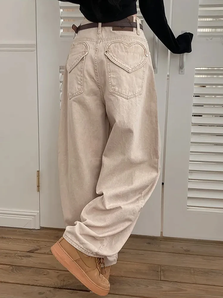 

Широкие джинсы с высокой талией в стиле ретро, повседневные прямые брюки с сердечком, износостойкие джинсовые джинсы свободного покроя