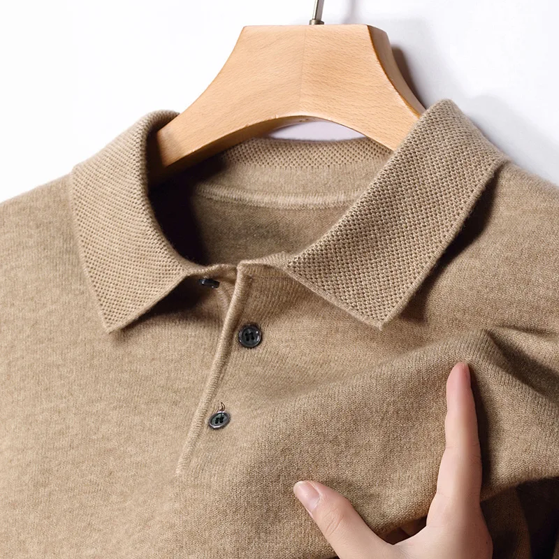 Wool Lapel Long-sleeved Men's Knitted POLO Shirt Solid Color Middle-aged Bottoming Sweater Men's Clothing