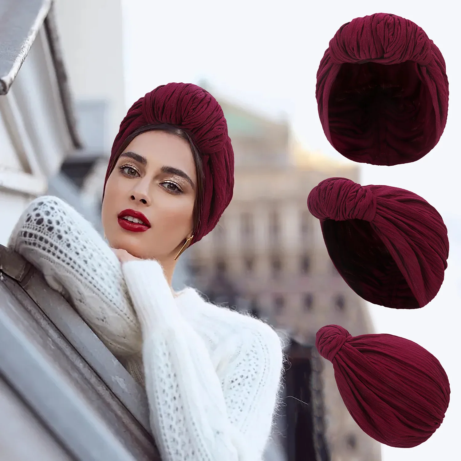 Silver Thread Knot Turban Cap for Women Fashion Lady Head Wraps African Head Cover Bonnet Cancer Chemo Caps Turbante Mujer