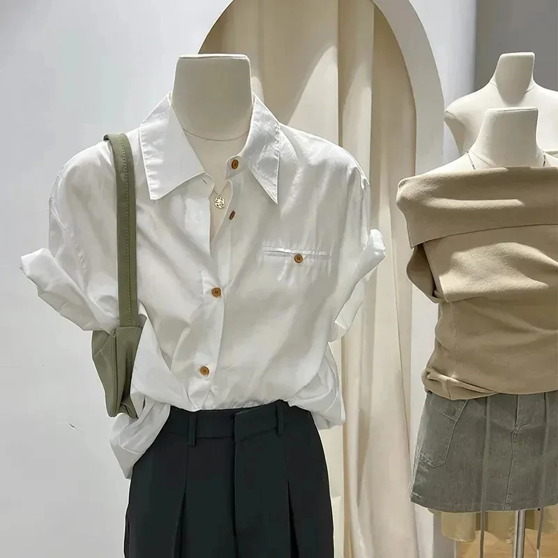 Office Lady White Blouse 2025 Women's Clothes Camisas De Mujer Simple Loose Thin Shirts Short Sleeve Vintage Summer Blouses Tops