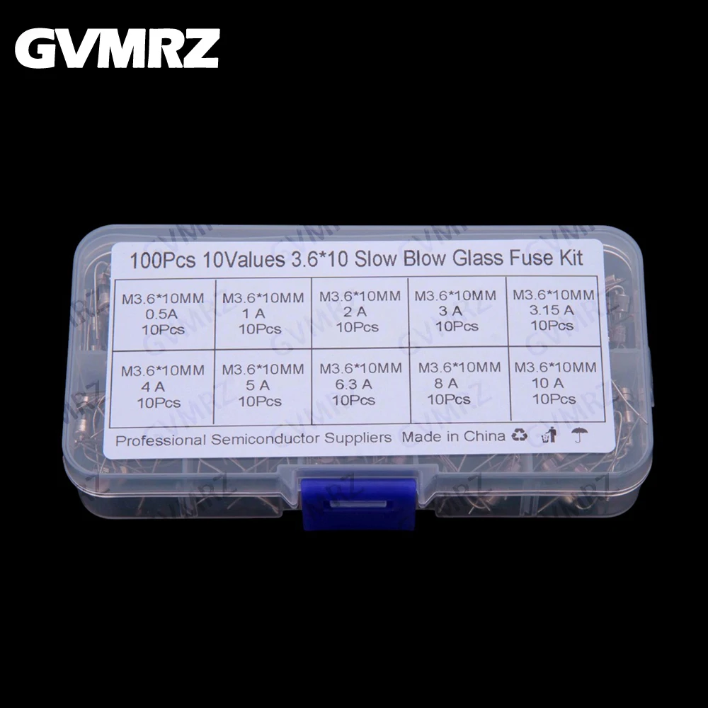 10Values ​​100PCS 3.6x10mm Leaded Glass Fuse Tubes 0.5A/10A Straight Through-hole 250V Kit