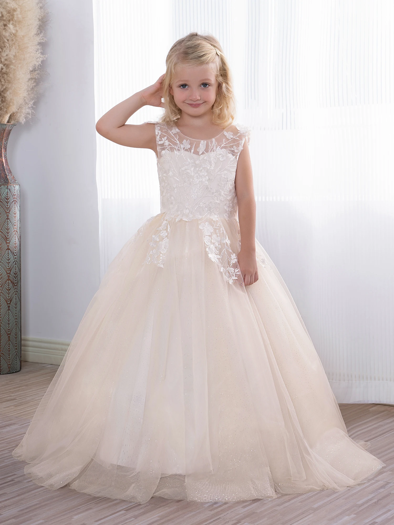 Vestido de encaje de tul con purpurina para niña, vestido de fiesta de boda, vestido de Baile de Princesa, bata de comunión, champán claro