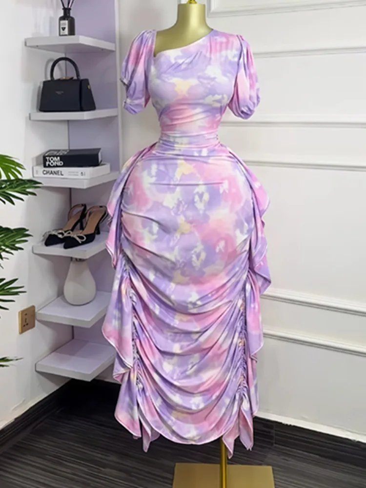 

SKMY Women Clothing 2025 Autumn New Fashion Party Long Dresses Puff Sleeve Irregualr Neck Printed Ruffles Patchwork Tight Dress