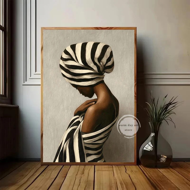 Abstract Africa Black Woman Canvas Prints Black & White Stripes Girl Pictures Neutral Wall Art for Living Room Home Decor