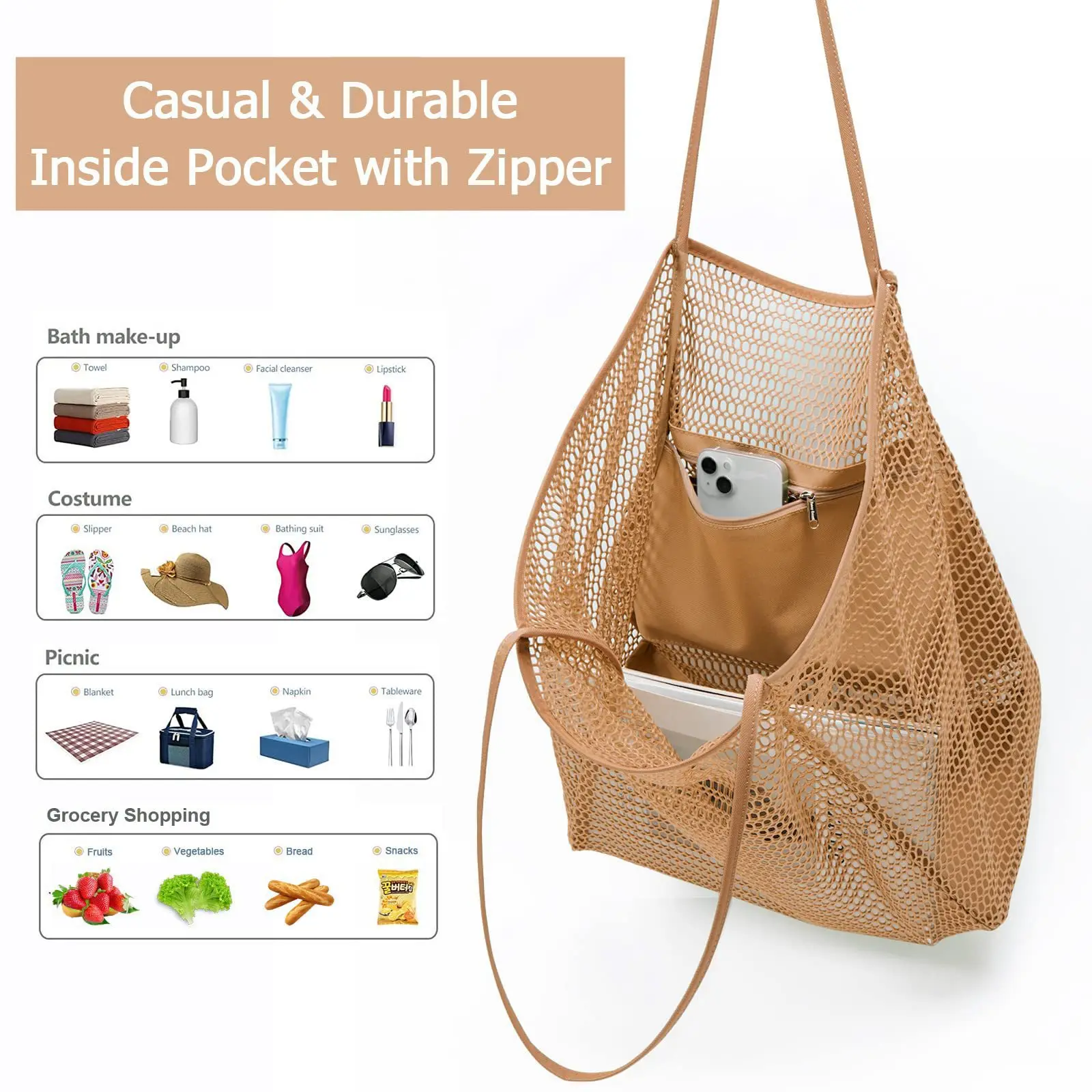 Sac de plage de voyage pour hommes et femmes, sac fourre-tout initié en maille, sac de rangement pour vêtements de grande capacité, natation