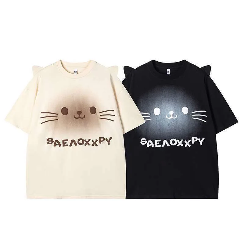 

Cute Ear Splicing Summer ort Sve T-irt Pure Cotton Casual Versatile Women's Top Breathable Comfortable round Ne ...