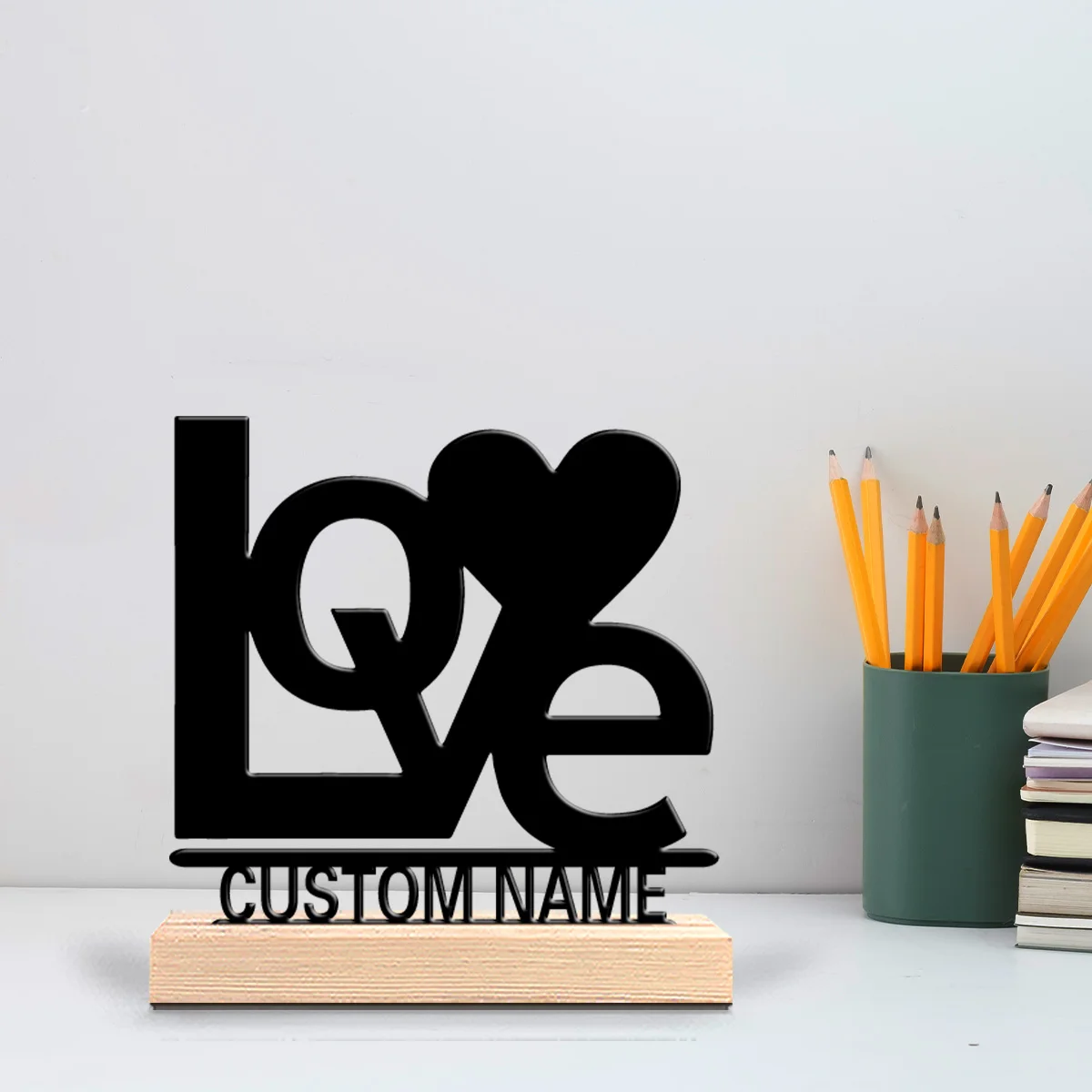1pc love Customized Text Metal Statue Metal Ornament Art Crafts With Wood Base Tin SculptureFor Home Decor