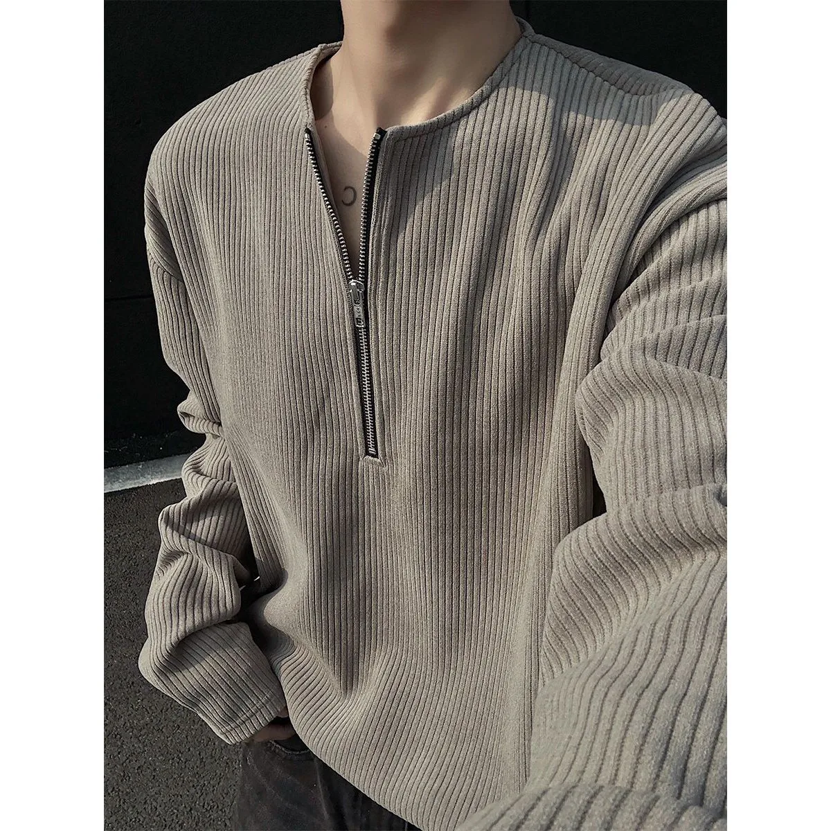 American Style Henry Collar Half Zip Long Sleeve T-Shirt Men's Spring Autumn Cleanfit Inner Wear Base Shirt Hard Man Streetwe...