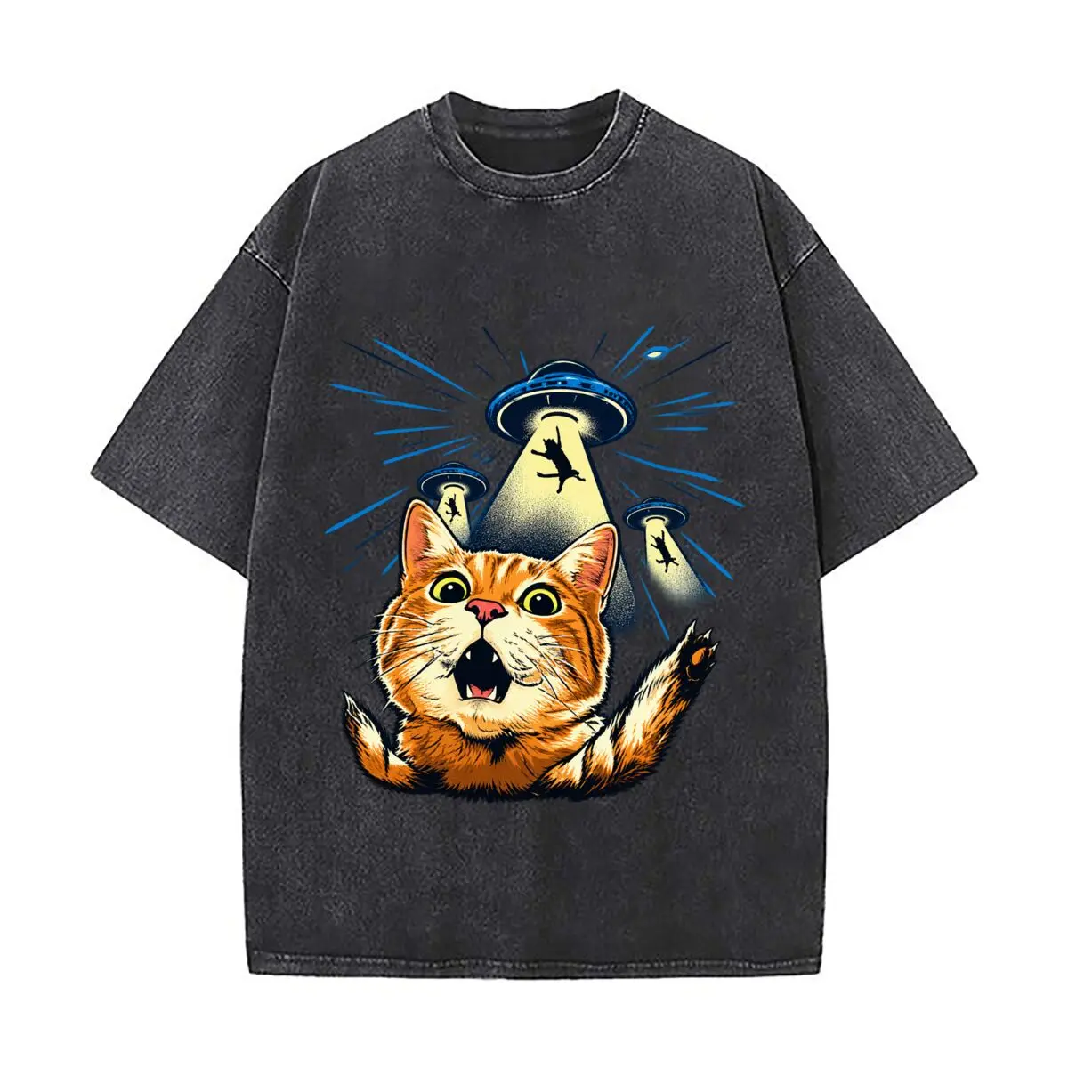 Funny Cat Abducted By Ufo Alien Spaceship Sci Fi Graphic Washed Short Sleeve Loose Streetwear Tee Hip Hop