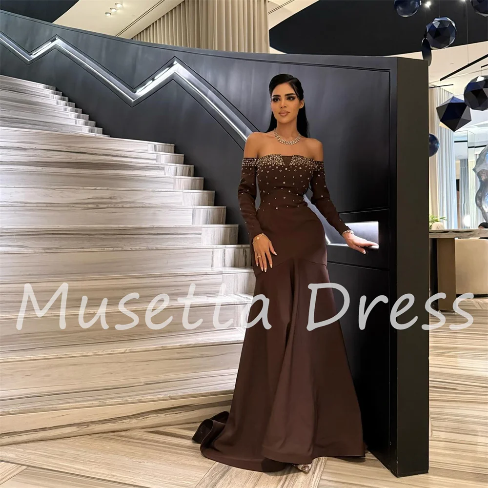 Musetta Abendkleider mit Perlenstickerei, langen Ärmeln, schulterfrei, offener Rücken, trägerlos, formelles Abschlussball-Partykleid