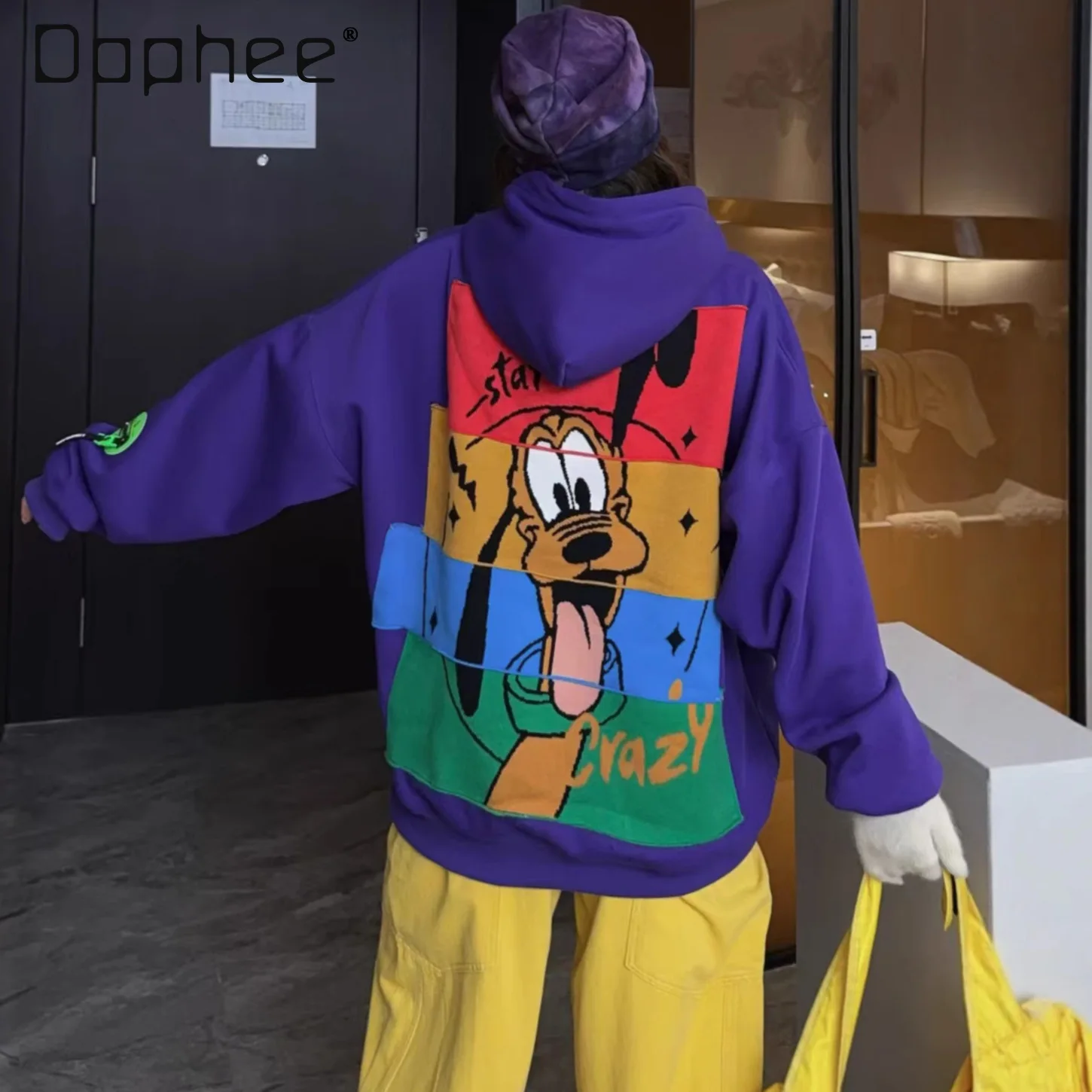 

Oversized Fleece-Lined Thickened Hooded Sweatshirt for Women 2025 Autumn Winter New Loose Patchwork Cartoon Pocket Jacket