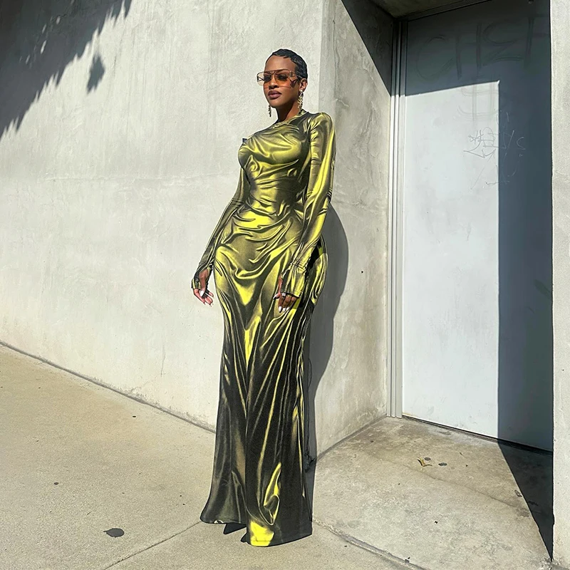 Moda impressão manga longa fino ajuste maxi vestido em torno do pescoço outono 2024 vestido feminino transoceanic estilo transfronteiriço