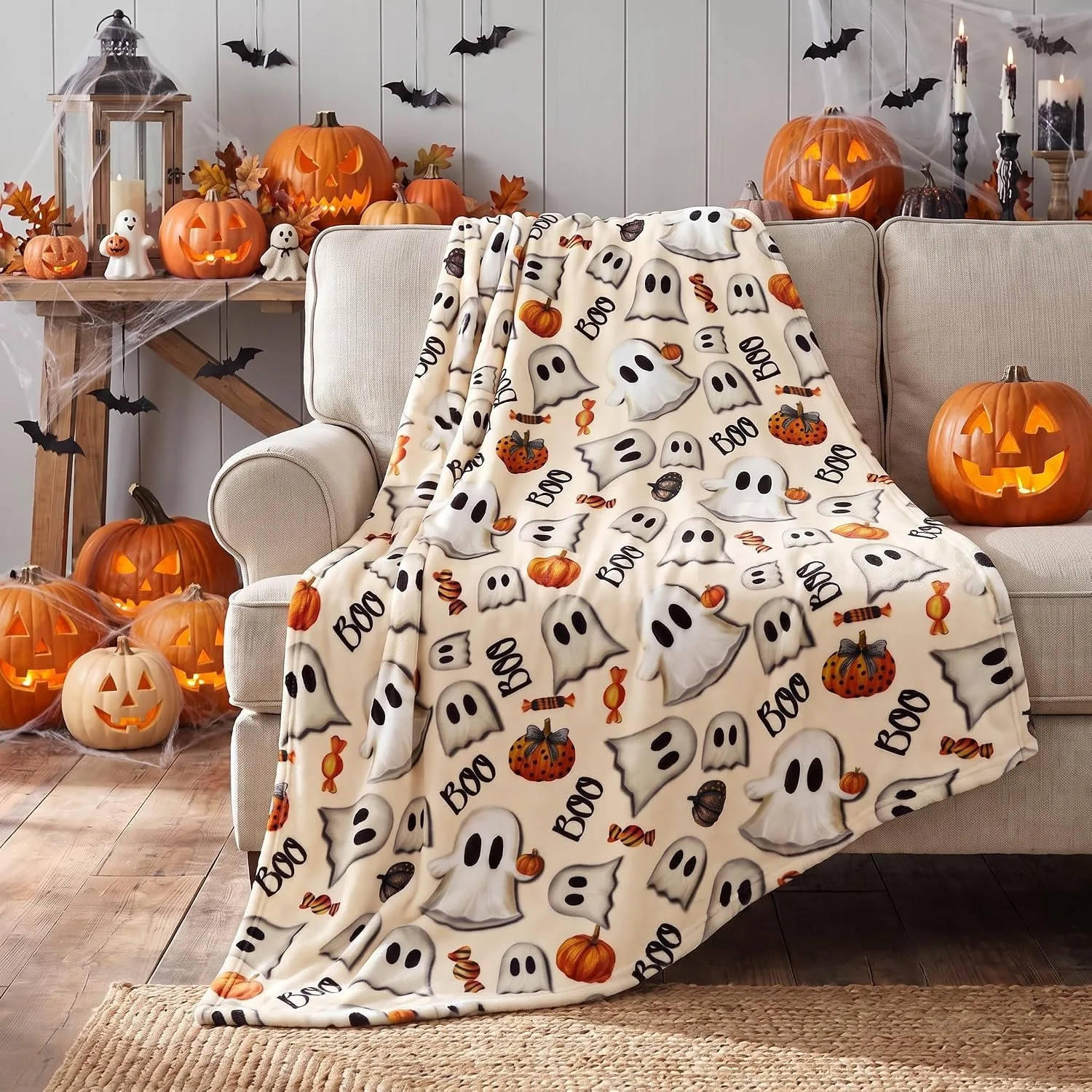 1pc Pumpkin Ghost Skull Blanket for Couch Soft Cozy Throw Gift Halloween X-mas Flannel Blankets Festival Gifts Four Season Use