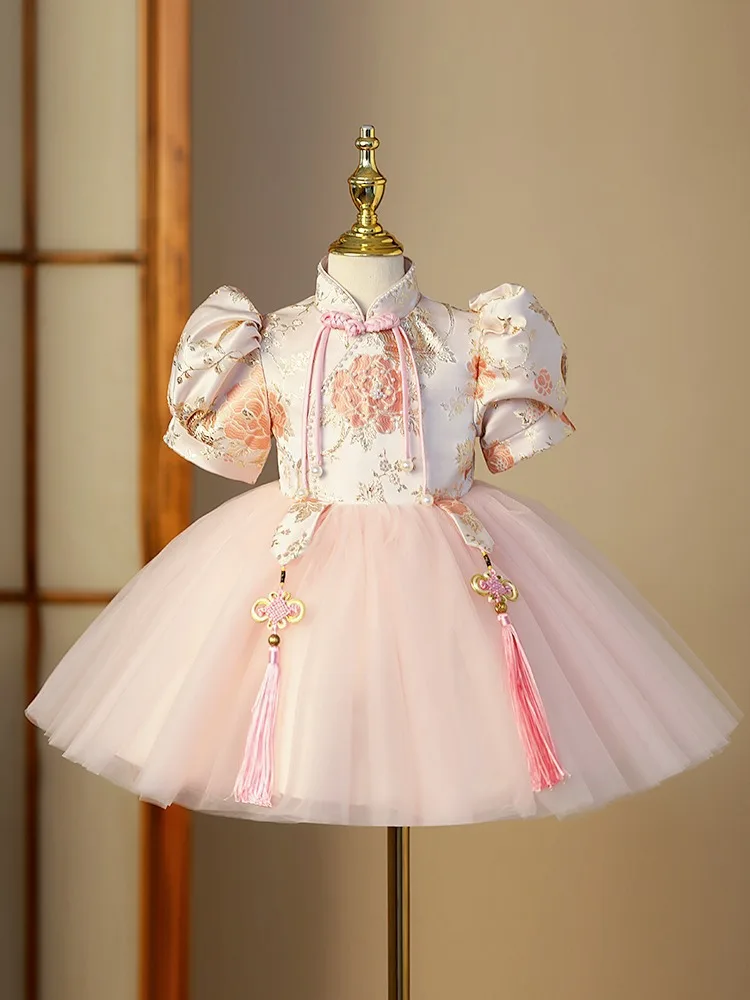 Chinese style Flower Girl Dress Pearl embroidery Princess Girl Satin Birthday Party Ball Cheongsam Dress Children Wedding Dress