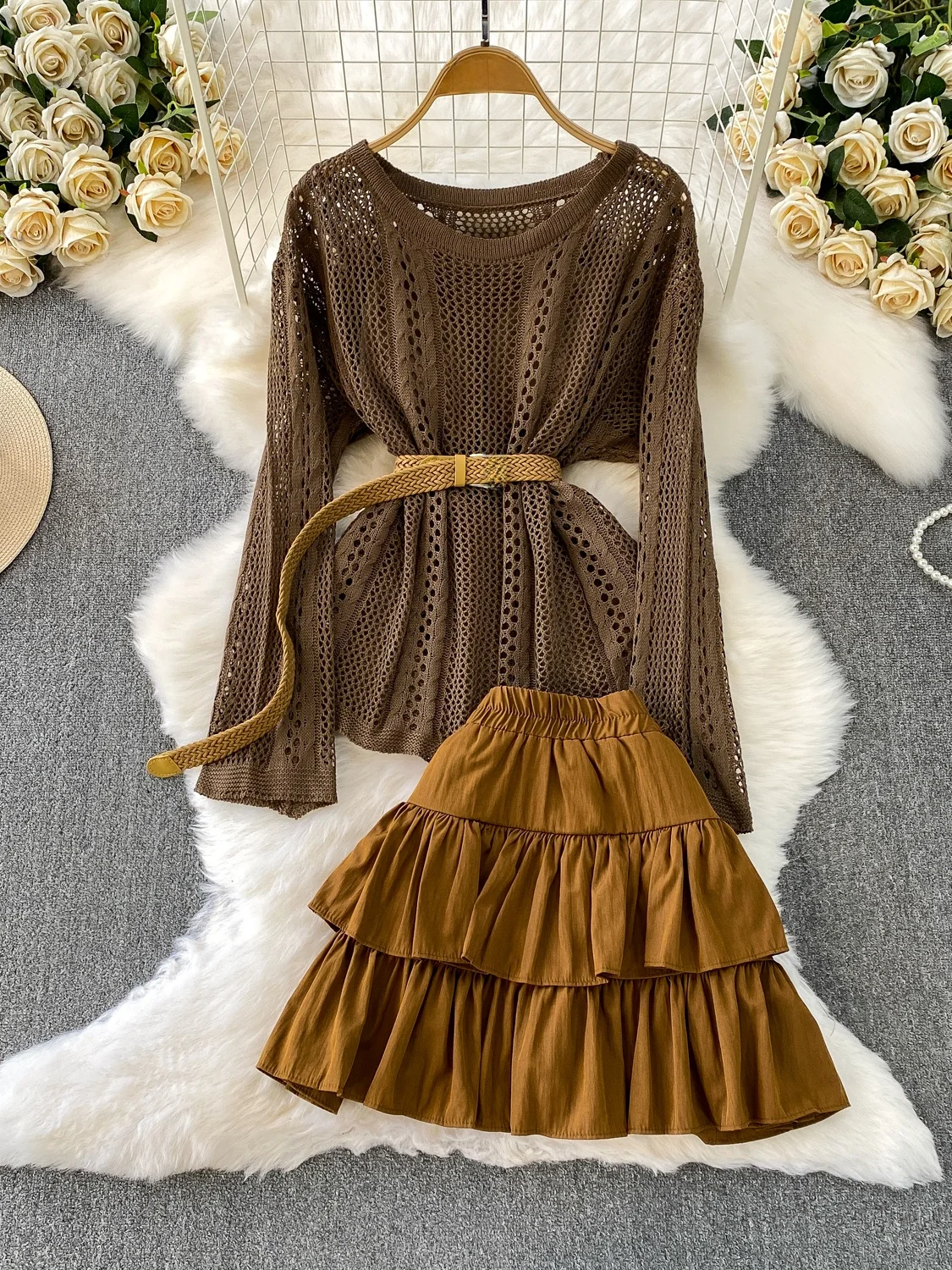 Vaion Sle Long Sve Knitted Sunade Top Inner Strap Cake ort Skirt Tee Piece Set Hollow out Design Casual Wear