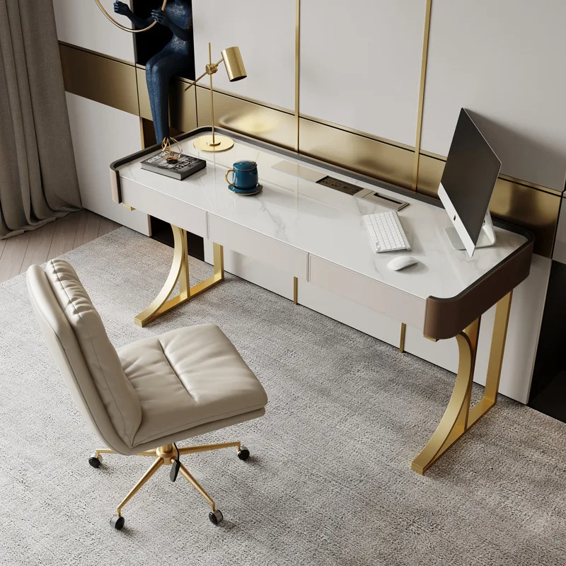 Italian-style Rock Plate Office Desks Saddle Leather Light Luxury Study Office Desks Design Sense Furniture Escritorio JT40O