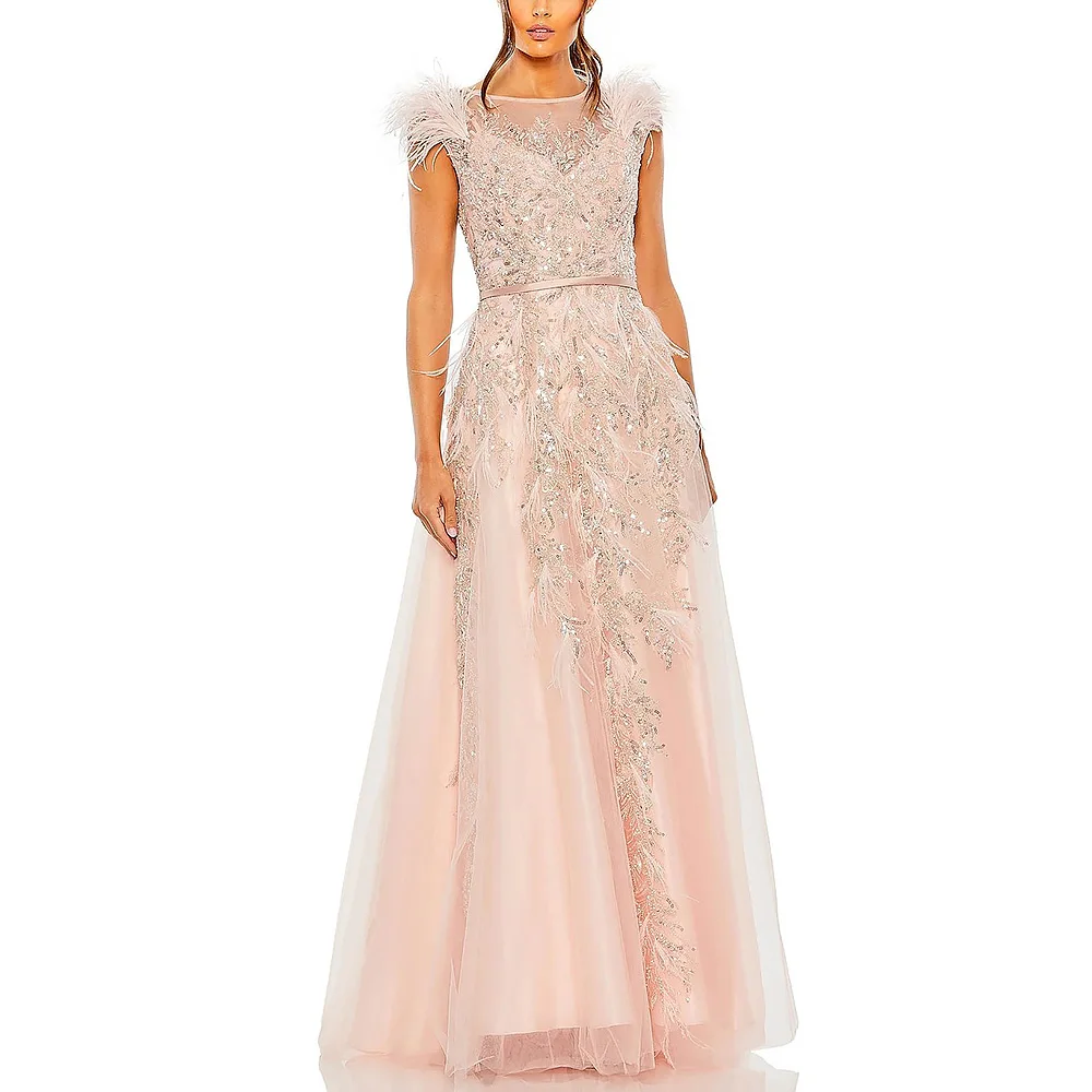 

Luxury Beads Feathers Evening Dresses for Women Cap Sleeve Floor-Length A-Line Prom Special Events Wedding Party Gala Maxi 2023