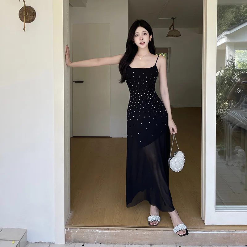 Femme strass Camisole robe 2025 été coupe ajustée fête noir voir à travers maille longues robes robes Elegantes Feminino