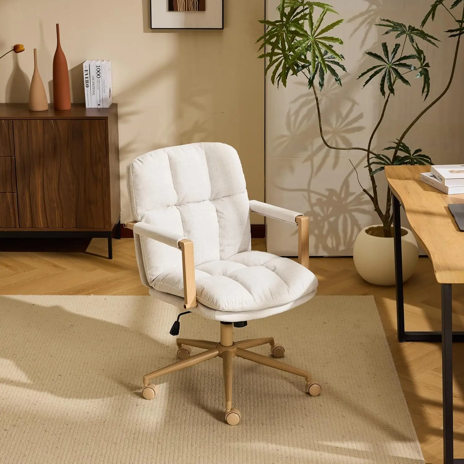 Linen Office Chair with Wheels & Detachable Cushions & Wood Armrests, Swivel Small Computer Task Chair for Makeup Vanity Study S