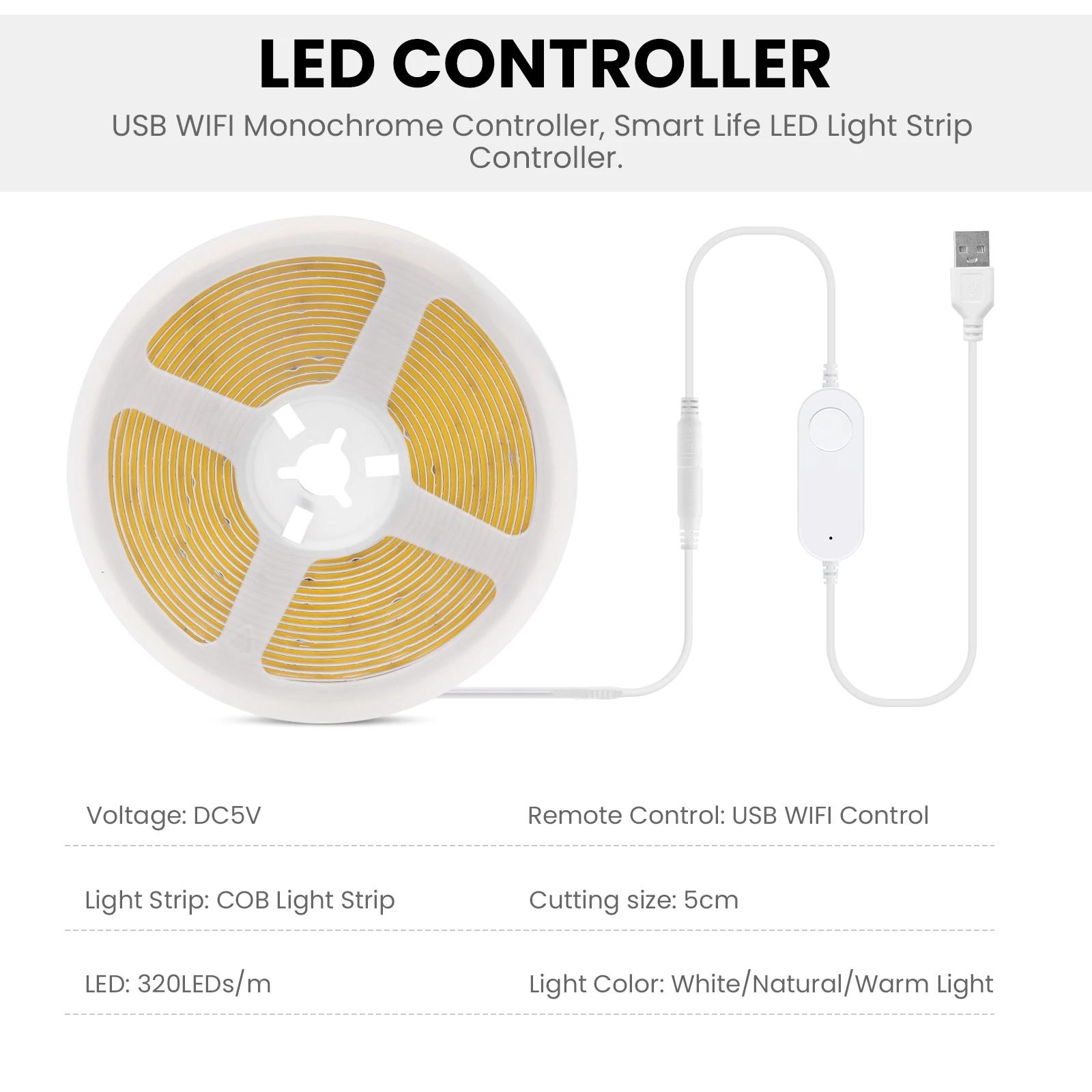 Tuya Smart WiFi USB COB LED Strip Light 5V 320 LEDs/m APP Control Dimmable Flex Tape Work with Alexa Google Warm Natural White