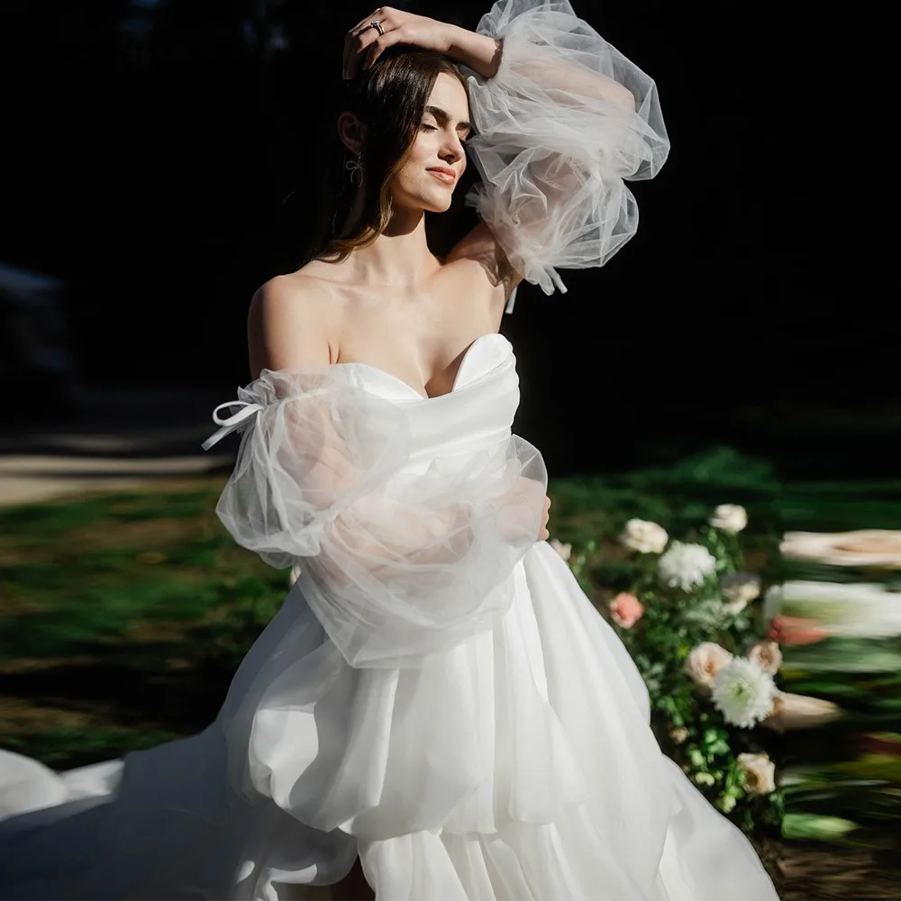 Robe de mariée en organza avec poignées amovibles, chérie de la présidence, optique décolleté, manches longues, ligne A, train de balayage, robe de patients romantiques, TSWD295