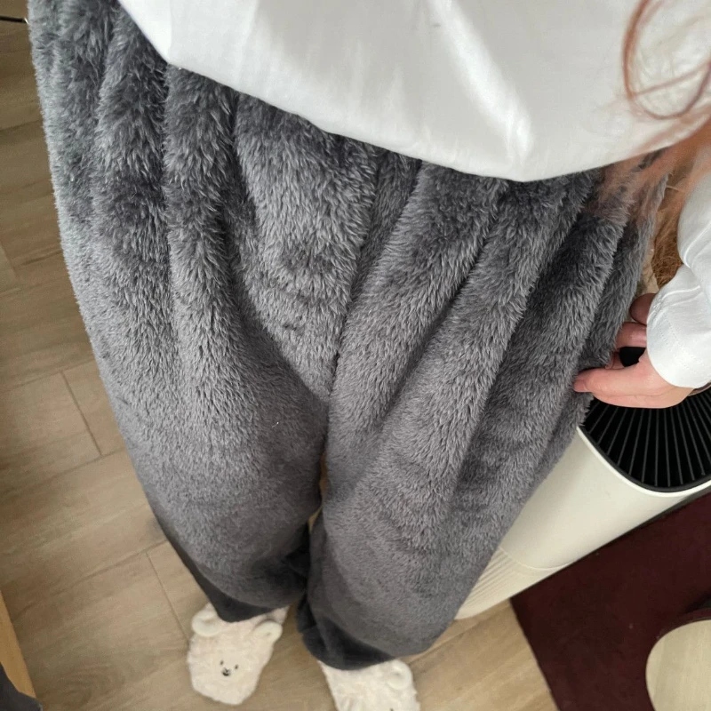 Winter Sweet Coral Velvet Sleep Pants for Women Home Sleepwear Simple Loose Warm Kawaii Students Fluffy Cozy Full Length Bottoms