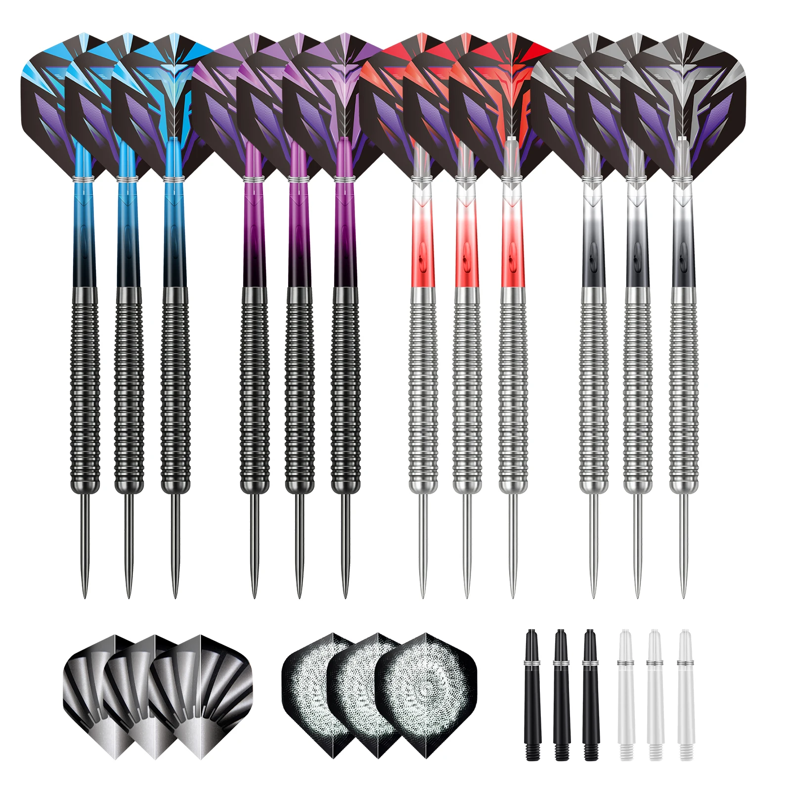 Ensemble de fléchettes professionnel en fer Huanqu de 12 pièces, fléchettes rouges, bleues, noires et violettes, adaptées à plusieurs joueurs pour s'affronter simultanément, comprend 6 ailes de fléchettes de rechange + 6 tiges de fléchettes de rechange, corps de fléchettes en métal antidérapant, conception équilibrée en termes de poids, adapté aux débutants et aux joueurs professionnels, pour les salles de jeux à domicile, les bars, les fêtes et les événements compétitifs.