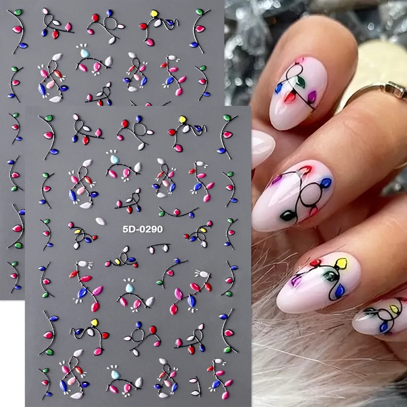 

1pcs 5D Embossed Christmas Light Nail Art Stickers Holiday Nail Decals with Neon & Pastel Colors for Festive DIY Nail Supplies *