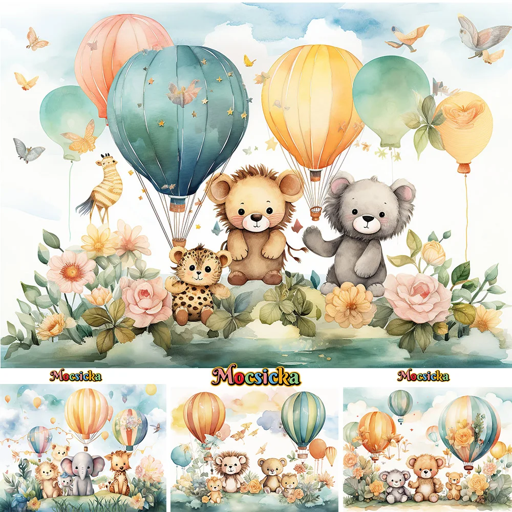 

Safari Baby Show Background Hot Air Balloon Forest Animal Flower Decor Backdrop Boy Girl 1st Birthday Party Dessert Table Photo