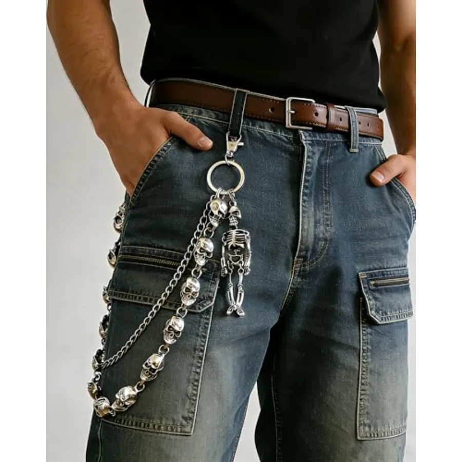 Pants Jean Chain Belt: Heavy Wallet Pocket Chain, Cool Streetwear Goth Punk Grunge Skeleton emo Rockstar Pirate Accessories - S view 2