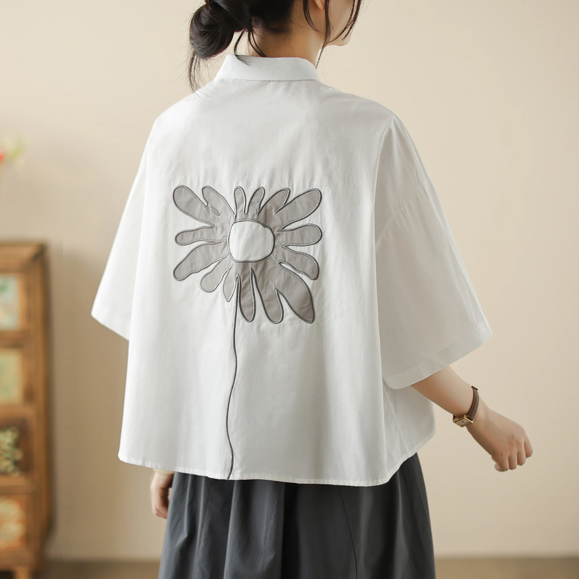 High-End Korean Japanese Artistic ort Sve Cotton Linen Embroidered irt Summer Wear Pear ape Fitting Women's Top