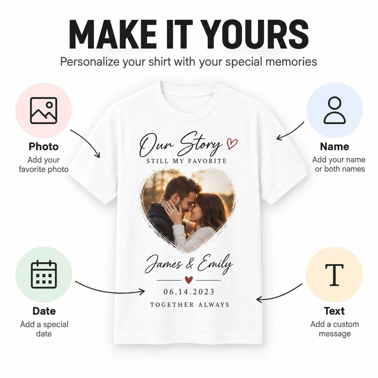 Custom Photo T Shirt Personalized Name Date Text Tee for Men Women Anniversary Family Memory Gift Christmas New Year Party Top