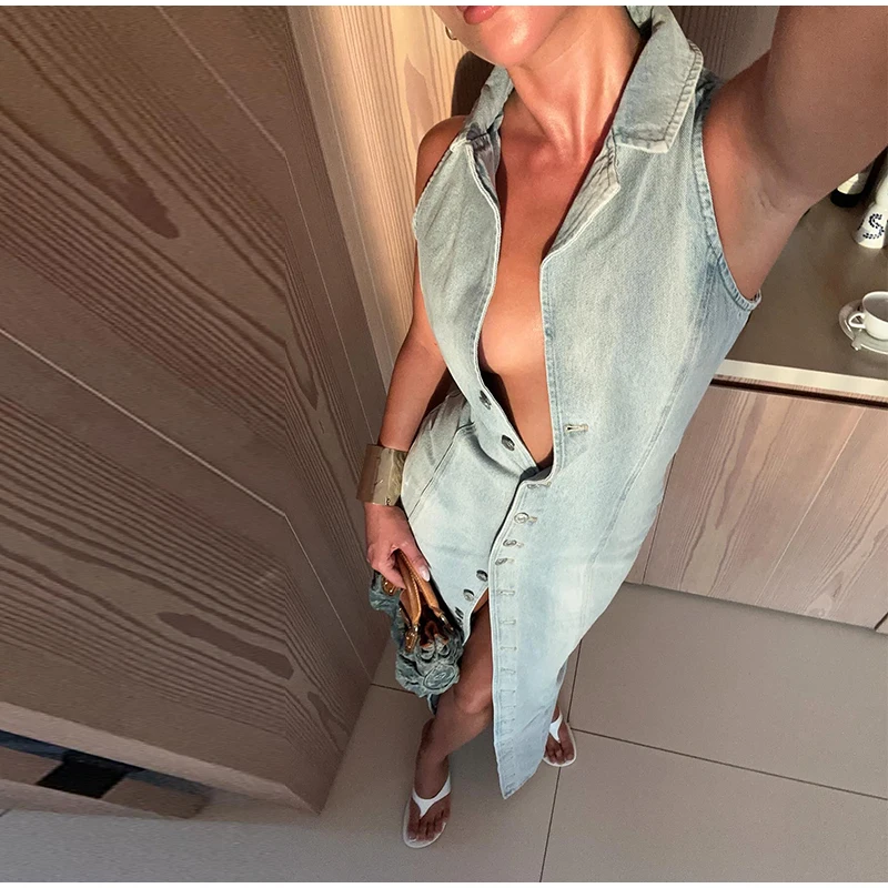 Abito lungo Jean da donna Colletto rovesciato senza maniche monopetto con spacco frontale 2025 Abiti casual femminili di moda estiva