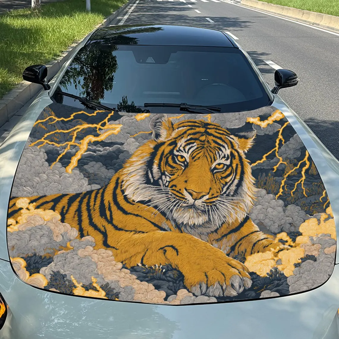 Car Decals Tiger with Lightning Effects Car Hood Sticker, Waterproof Self - Adhesive Vinyl Graphics Decals, Decorative Protectiv
