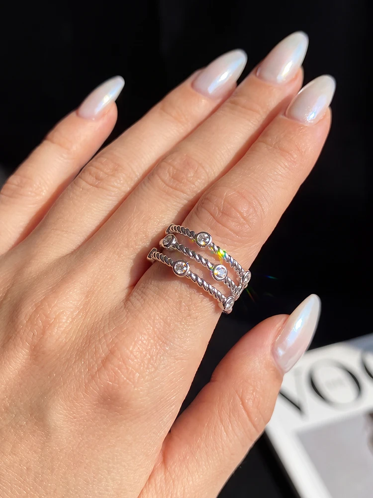 925 Sterling Silber Echter Runder Moissanit-Diamant Dreischichtiger Gedrehter Muster-Ring für Frauen Jubiläum Hochzeit Edle Schmuckstücke – Detail 3