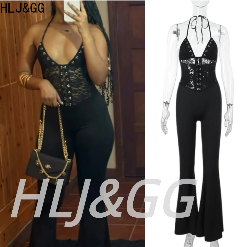 

HLJ&GG Fashion Lace See Though Halter Bodycon One Piece Jumpsuits Women V Neck Sleeveless Backless Slim Playsuits Summer Overall