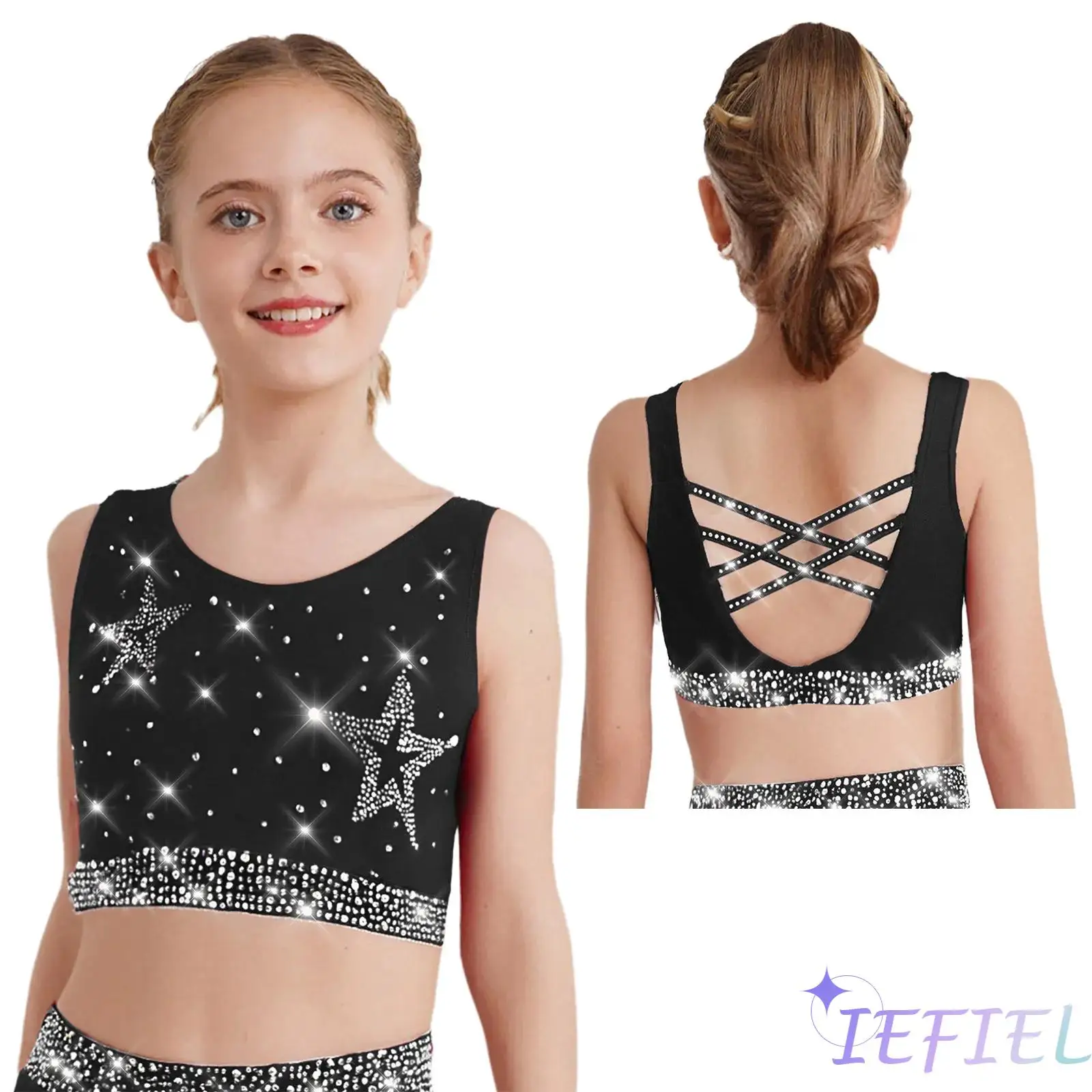 

Kids Girls Rhinestones Gymnastics Ballet Dance Outfit Crisscross Back Cropped Vest Top with Shorts for Figure Skating Dance Show
