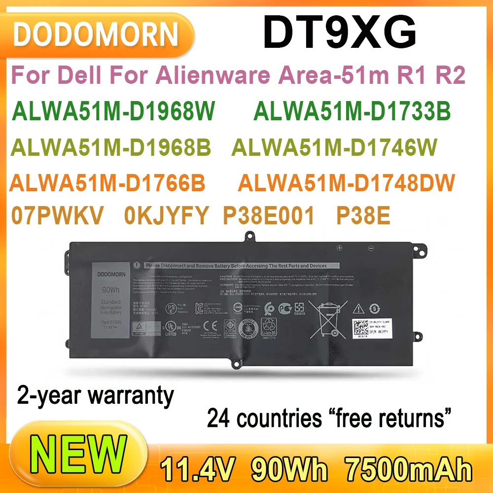 

New DT9XG Laptop Battery For Dell For Alienware Area-51m R1 R2 07PWKV 0KJYFY P38E001 P38E ALWA51M-D1968W ALWA51M-D1969PW/D1733B