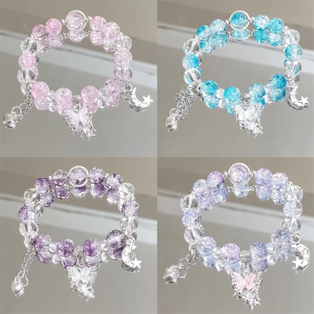 Sweet Purple Crystal Butterfly Bracelet for Women Simple Heart Moon Star Charm Bracelet Popular Fashion Jewelry Holiday Gift