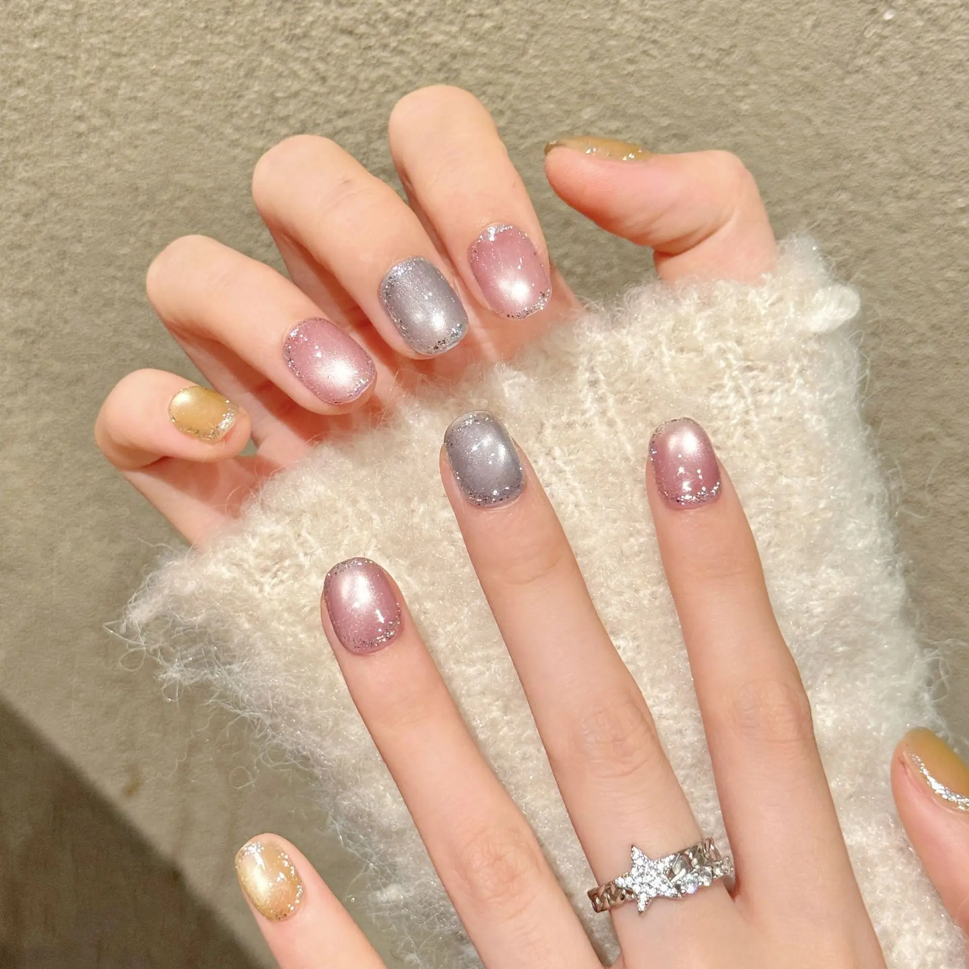 10 pièces faux ongles faits à la main Art avec paillettes strass faux ongles pointe coloré oeil de chat Simple court carré rond presse sur les ongles